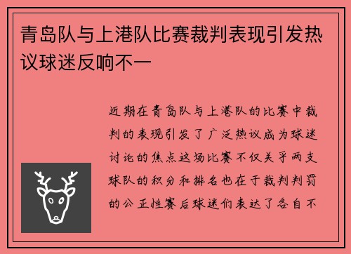 青岛队与上港队比赛裁判表现引发热议球迷反响不一